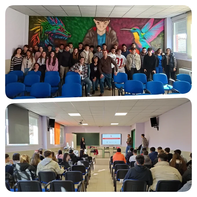 Collage de dos fotos donde se puede ver a los estudiantes de bachillerato junto a Olga Calvo y Ramiro Cacho en la imagen superior. En la foto inferior, se trata de una foto en la que aparece Olga Calvo explicando las investigaciones que realiza el IBFG.