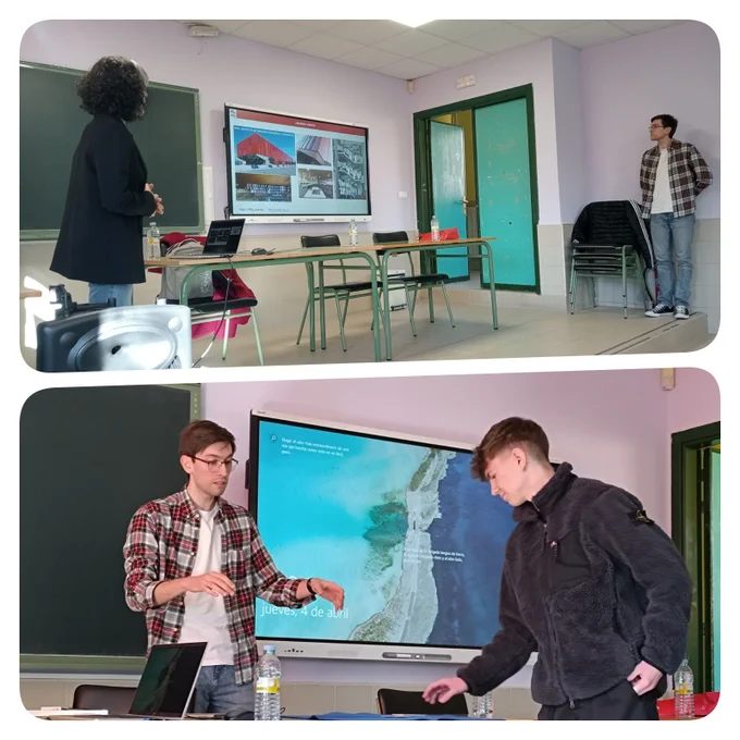Collage de dos fotos donde se puede ver a Olga Calvo explicando las investigaciones que realiza el IBFG en la imagen superior. En la inferior se ve a Ramiro Cacho realizando uno de sus trucos de magia a uno de los estudiantes del IES Senara que asistieron a la actividad