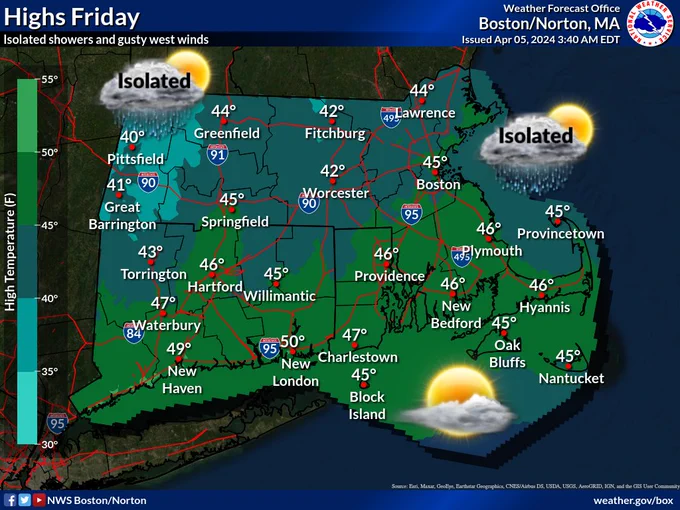 Map of Southern New England showing high temperature for Friday