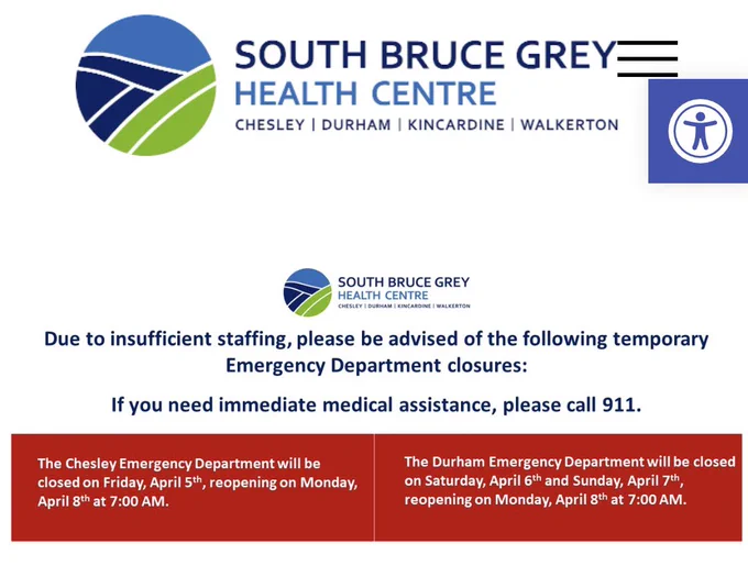 Chesley ER is closed Apr5 until 7am Apr8. Durham ER will be closed Apr 5 at 5pm reopening Apr 8 at 7am. Staff shortages are to blame. If you need immediate medical assistance, call 911.