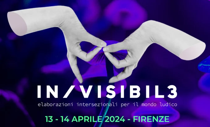 Due mani che si incontrano su uno sfondo di funghi. Il testo dice "IN/VISIBILꞫ - elaborazioni intersezionali per il mondo ludico - 13/14 aprile 2024 - firenze"