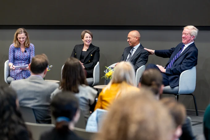 Fireside chat with Governor Healey, former Governor's Patrick and Weld, and Alison King. 