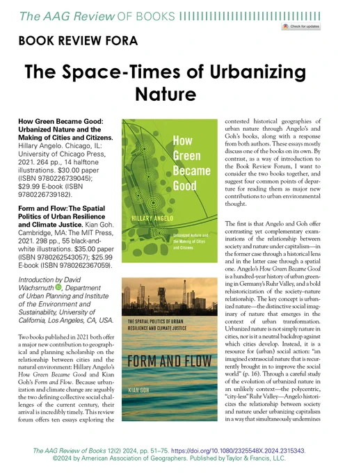 Review fora from AAG Review of Books first page image, showing title "The Space-Times of Urbanizing Nature," book covers for How Green Became Good and Form and Flow, and introduction text by David Wachsmuth.