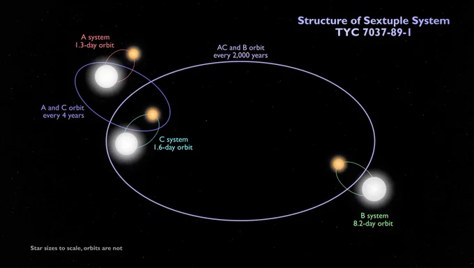 Eclipsing binary schematic headlined Structure of Sextuple System TYC 7037-89-1. This schematic shows the configuration. The inner quadruple is composed of two binaries, A and C, which orbit each other every four years or so. An outer binary, B, orbits the quadruple roughly every 2,000 years. All three pairs are eclipsing binaries. The orbits shown are not to scale. Credit: NASA's Goddard Space Flight Center