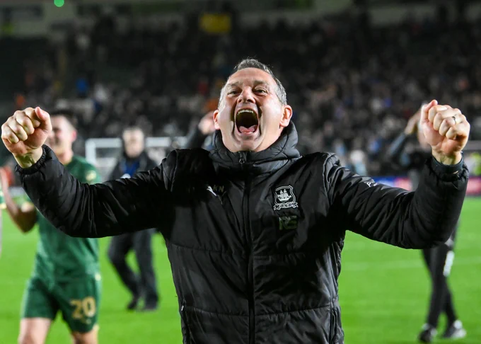 Kevin Nancekivell celebrates after the win over Leicester.