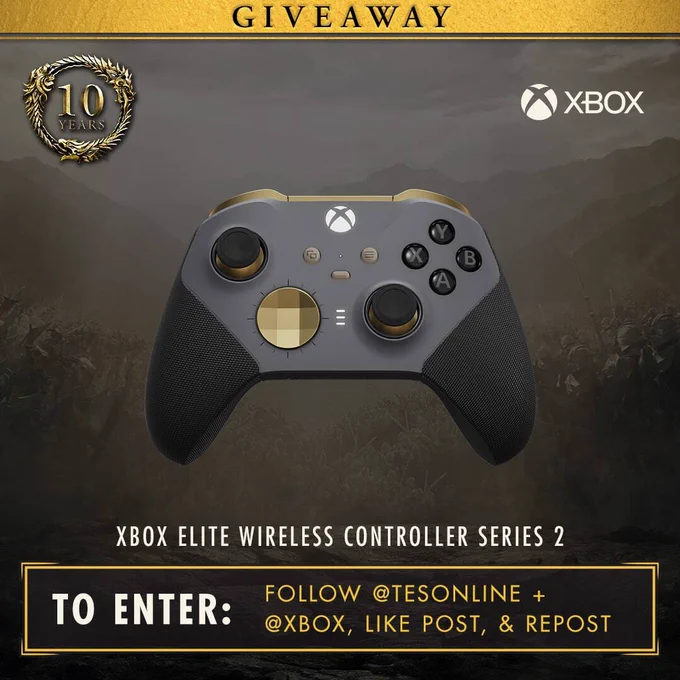 The graphic shows a gray, black, and gold Xbox Elite Controller. It reads: to enter: Follow @TESOnline   @Xbox, like post & repost"