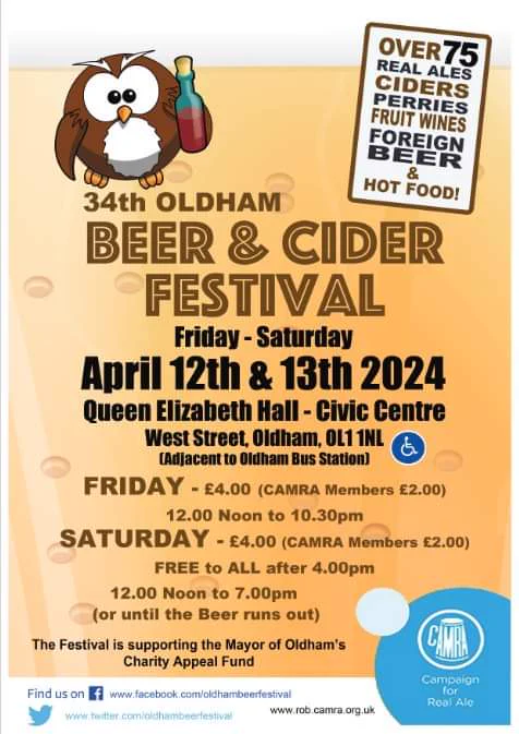 Poster advertising Oldham beer and cider festival on 12/13 April 2024