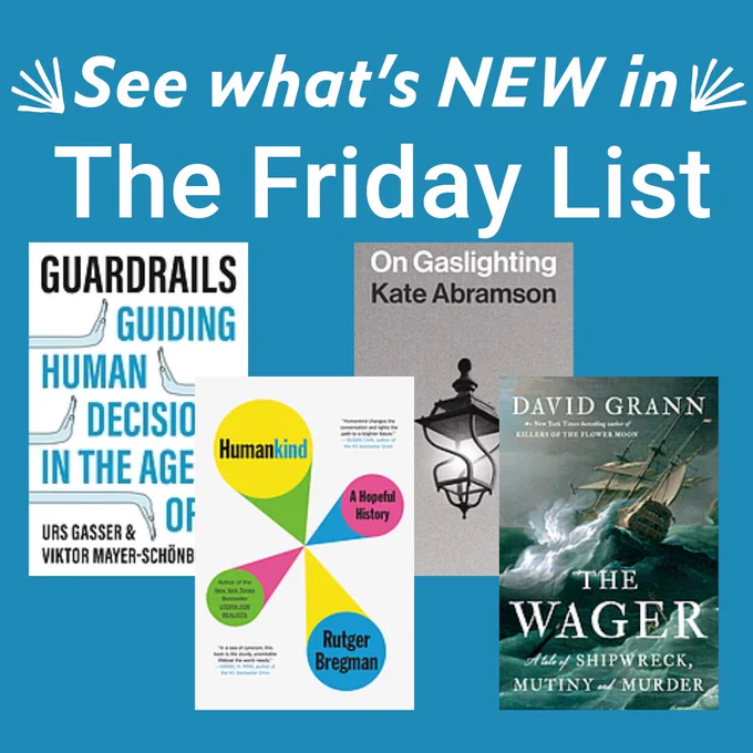 See what's NEW in The Friday List. Four book covers shown. 
