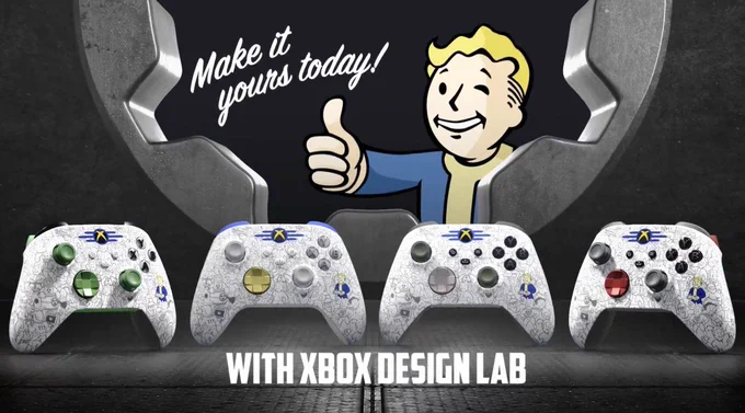 "Make it yours today with Xbox Design Lab" With 4 Fallout designs with different colour buttons and a vault boy with a thumbs up.