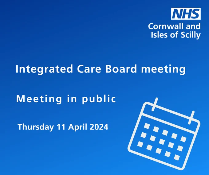 Text reads: Integrated care board meeting. Meeting in public. Thursday 11 April 2024