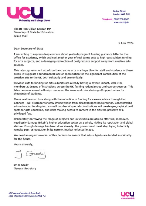 A letter to Gillian Keegan from UCU over cuts to funding creative arts courses and widening access programmes. The full letter is available here: https://www.ucu.org.uk/media/14388/KeeganLetterApr24/pdf/KeeganLetterApr24.pdf