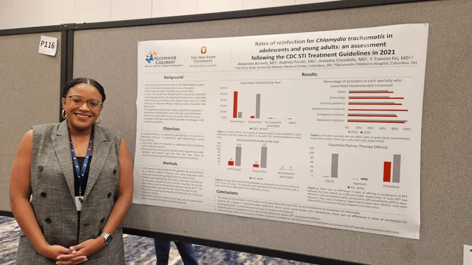 Female wearing gray dress standing next to research poster 