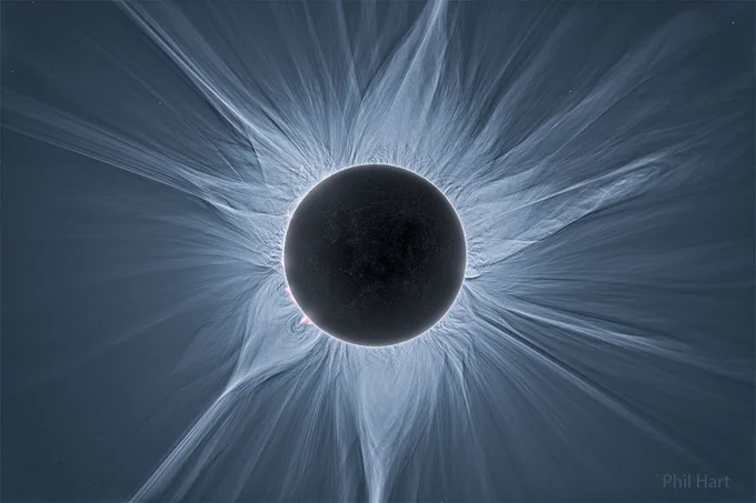 Pictured here, using multiple images and digital processing, is a detailed image of the Sun's corona taken during the April 20, 2023 total solar eclipse from Exmouth, Australia. Credit Phil Hart.