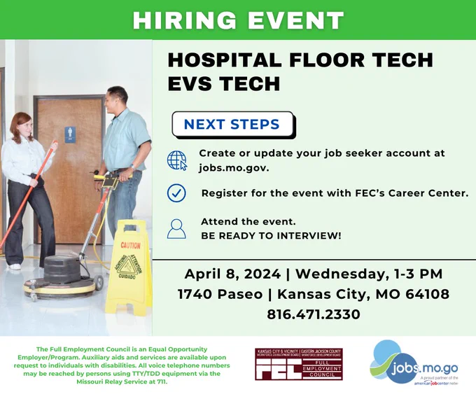 Hiring Event on April 8 for Hospital Floor Techs and EVS Techs. Text and photo of workers on a green background.