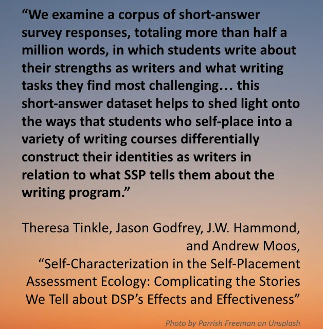 The image includes a quote from the article “Self-Characterization in the Self-Placement Assessment Ecology: Complicating the Stories We Tell about DSP’s Effects and Effectiveness” which reads: “We examine a corpus of short-answer survey responses, totaling more than half a million words, in which students write about their strengths as writers and what writing tasks they find most challenging… this short-answer dataset helps to shed light onto the ways that students who self-place into a variety of writing courses differentially construct their identities as writers in relation to what SSP tells them about the writing program.” Written by Theresa Tinkle, Jason Godfrey, J.W. Hammond, and Andrew Moos
