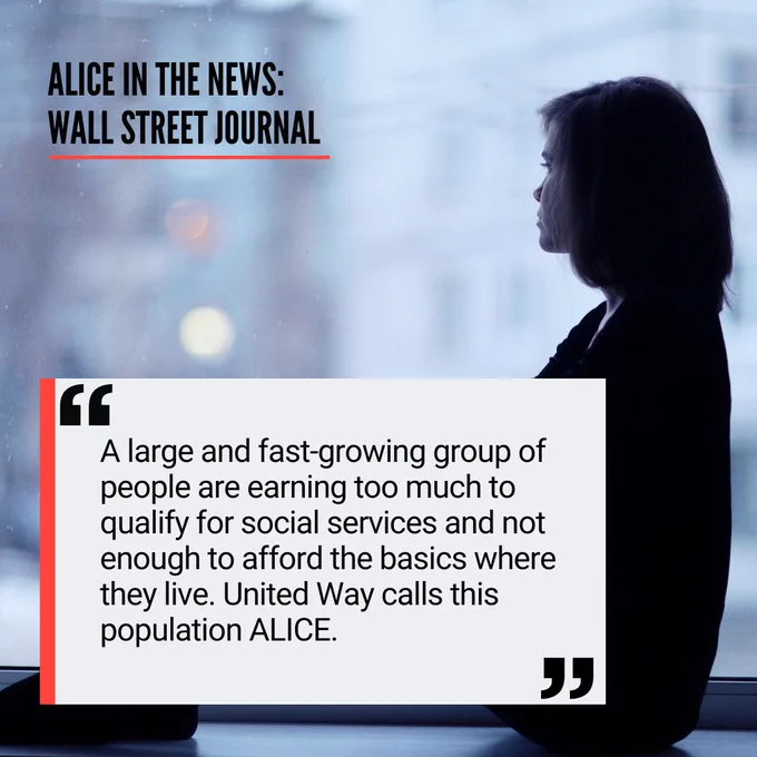 A silhouette of a person looking melancholy, sitting on a window ledge and gazing outside. Text reads: ALICE in the News: Wall Street Journal, "A large and fast-growing group of people are earning too much to qualify for social services and not enough to afford the basics where they live. United Way calls this population ALICE." 