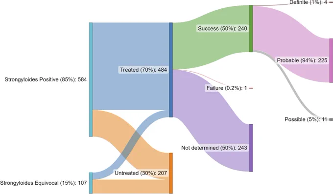 Fig 3. Sequential proportions of strongyloidiasis cohort by ‘positive’ and ‘equivocal’ diagnosis, ivermectin treatment received, and treatment outcomes, including sub-categorisation of ‘treatment success’ (n = 691).