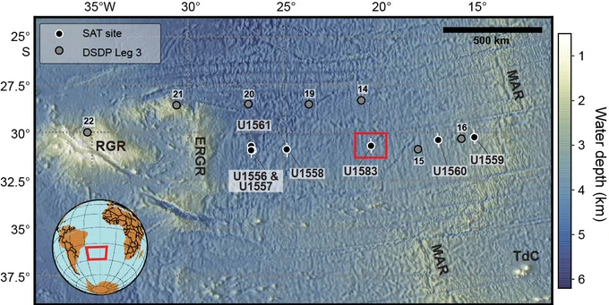 Bathymetric map of South Atlantic Ocean with location of sites drilled during Expeditions 390 and 393.
