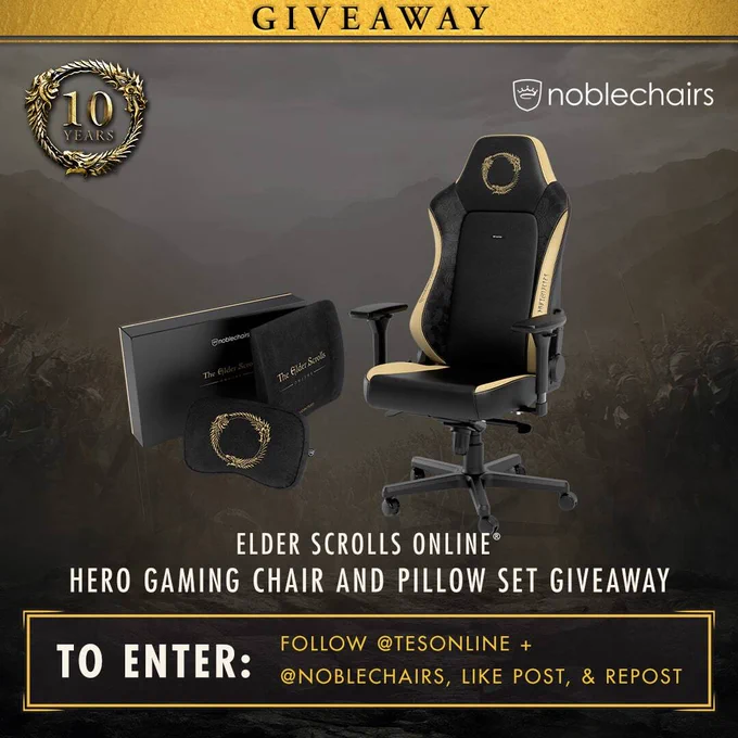 The graphic shows an ESO hero chair from noblechairs. It reads, "To enter: Follow @TESOnline   @noblechairs, like post & repost"