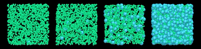 Binary Lennard-Jones fluid with 1500 particles of type 1, and an increasing number of particles of type 2, from 1 (left) to 729 (right).