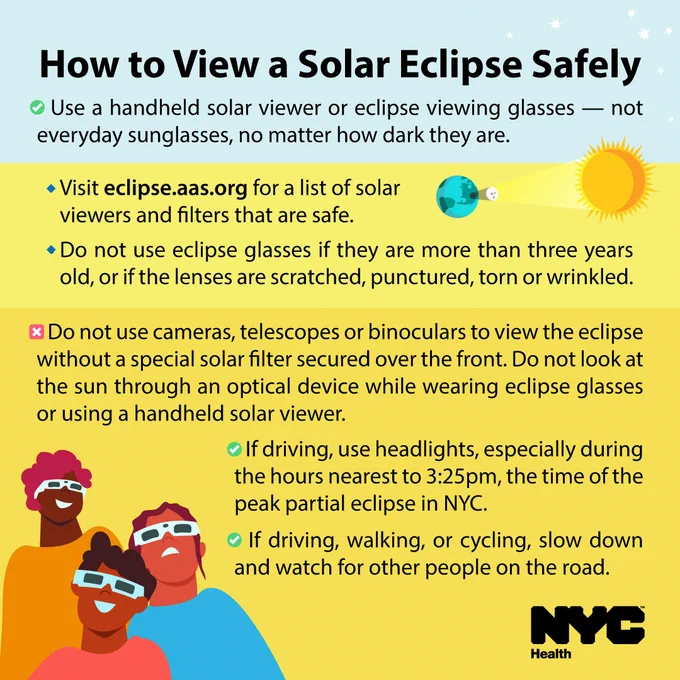 Text reads: "How to View a Solar Eclipse Safely. Use a handheld solar viewer or eclipse viewing glasses-not everyday glasses, no matter how dark they are. Visit eclipse.aas.org for a list of solar viewers and filters that are safe. Do not use eclipse glasses if they are more than three years old, or if the lenses are scratched, punctured, torn or wrinkled. Do not use cameras, telescopes or binoculars to view the eclipse without a special solar filter secured over the front. Do not look at the sun through an optical device while wearing eclipse glasses or using a handheld solar viewer. If driving, use headlights, especially during the house nearest to 3:25pm, the time of the peak particle eclipse in NYC. If driving, walking, or cycling, slow down and watch for other people on the road.