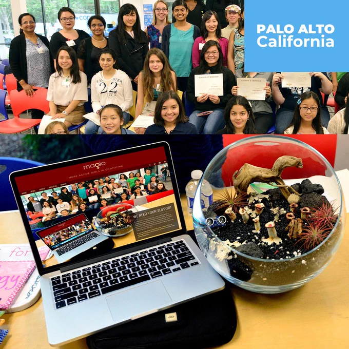 This image is a collage celebrating STEM education and activities. The top half showcases a group of young women and mentors, likely representing students and professionals involved in a STEM program. The caption "PALO ALTO California" suggests this program is based in that location. The bottom half of the image features two objects that symbolize technology and creativity: a laptop displaying a webpage for an organization named MAGIC, which seems to be related to girls in computing, indicating an emphasis on gender diversity in STEM fields, and a terrarium with a dinosaur figurine and mushroom decorations, symbolizing perhaps the ecosystem of learning and growth in STEM. This collage highlights the communal and educational aspects of STEM initiatives.