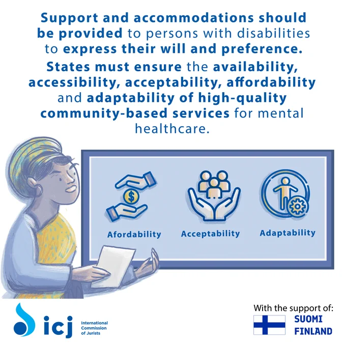 A social media post with text and accompanying illustration of a person making a presentation. The words “affordability”, “acceptability” and “adaptability” are written on the board behind the presenter. 

The main text reads: "Support and accommodations should be provided to persons with disabilities to express their will and preferences. States must ensure the availability, accessibility, acceptability, affordability and adaptability of high-quality community-based services for mental healthcare."