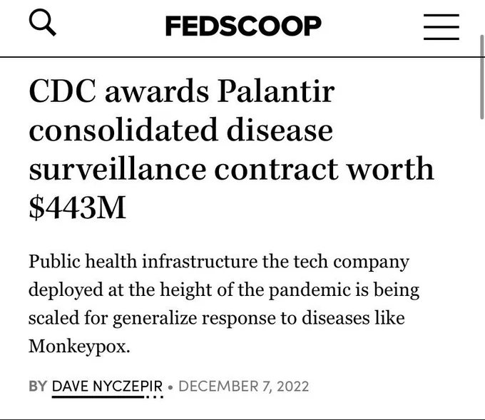 Fed scoop: CDC awards Palantir consolidated disease surveillance contract worth $443M

Public health infrastructure the tech company deployed at the height of the pandemic is being scaled for generalize response to diseases like Monkeypox.
BY
DAVE NYCZEPIR
DECEMBER 7, 2022