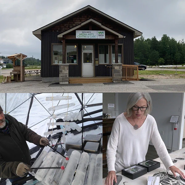 Three pictures - exterior view of dark brown detached single floor building, Woman touching drawings on white table, and Man playing marimba made from pieces of ice in the shape of tubes.