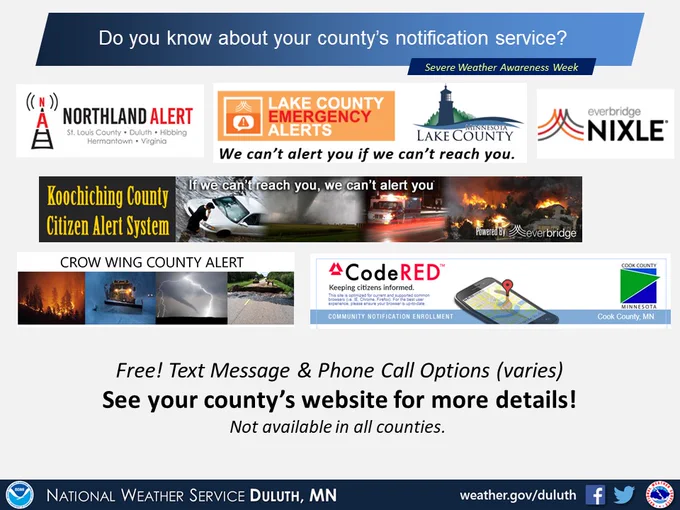 Did you know your county might offer weather alerts for free? This service varies by county and has different names – in Duluth and for all of St Louis County it’s called Northland Alert: https://member.everbridge.net/453003085616005/login