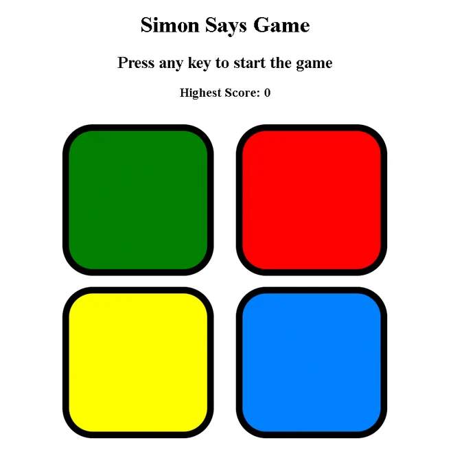 ✨Features:
🎮𝐆𝐚𝐦𝐞𝐩𝐥𝐚𝐲
👉 Displays a sequence of colors on the screen, which the player must replicate by clicking on the corresponding buttons.
👉 Increases in difficulty as the player progresses through the levels, with longer and more complex sequences.
👉 Provides visual feedback to the player through flashing and highlighting the buttons.
👉 Keeps track of the player's high score and displays it on the screen.
👉 Allows the player to start a new game at any time by pressing any key.

🎨𝐃𝐞𝐬𝐢𝐠𝐧
👉 Uses a clean and modern design with clear instructions and easy-to-use buttons.
👉 Provides a fun and challenging way to improve memory and reaction time.

⚙️𝐓𝐞𝐜𝐡𝐧𝐨𝐥𝐨𝐠𝐢𝐞𝐬
👉 Uses HTML, CSS, and JavaScript to create a simple yet engaging game.

Test your memory and reaction time as you try to replicate the sequence of colors displayed on the screen. Can you beat your high score? 🚀 Give it a try and let me know what you think! 