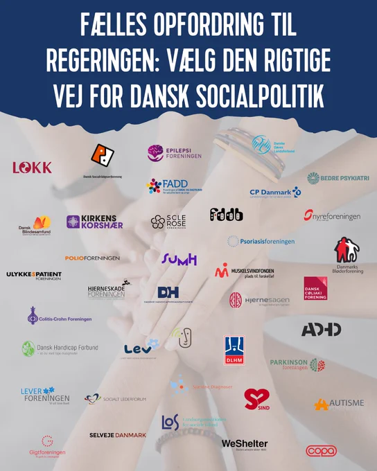 Grafik, der viser logoer af medunderskrivere på debatindlægget. Over logoerne står der: Fælles opfordring til regeringen: Vælg den rigtige vej for dansk socialpolitik. 
