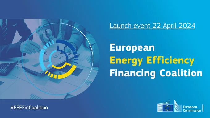 Blue illustration with text: Launch event 22 April 2024: European Energy Efficiency Financing Coalition