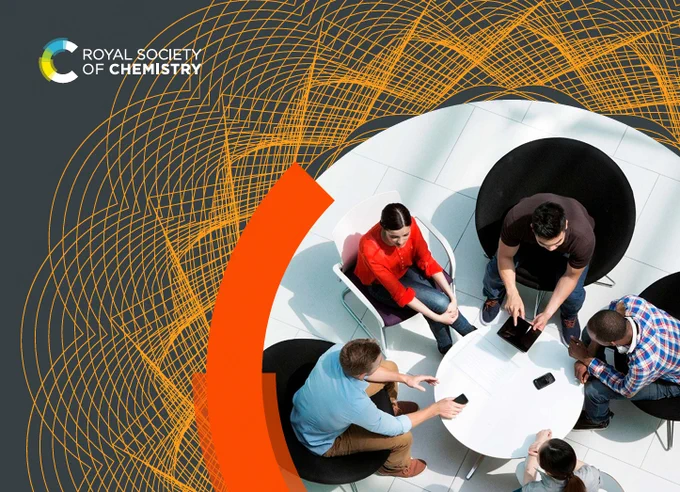 Artwork from the cover of the Royal Society of Chemistry Gender Pay Gap report for 2023, including an overhead image of five people seated round a circular meeting table.