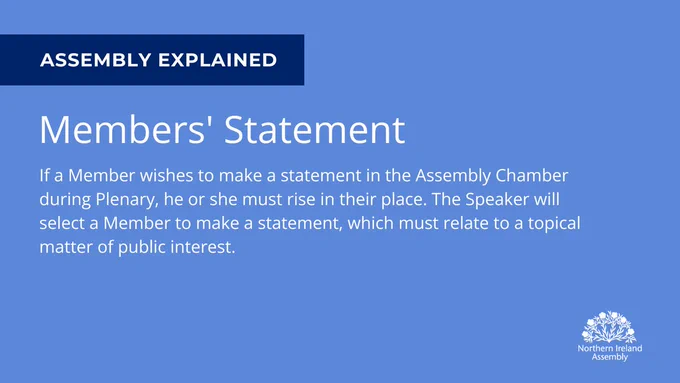 Graphic with the text of the post. It reads "If a Member wishes to make a statement in the Assembly Chamber during Plenary, he or she must rise in their place. The Speaker will select a Member to make a statement, which must relate to a topical matter of public interest."