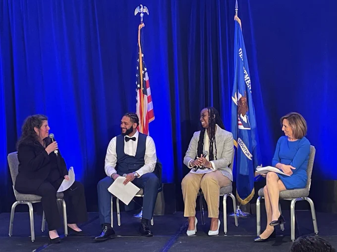 OJJDP Admin Liz Ryan and OVC Dir Kris Rose speak with “JUVENILE: FIVE STORIES” participants during their co-led plenary session at OJP’s Community Based Violence Intervention and Prevention Initiative Grantee Conference last week.