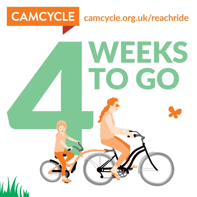 Graphic shows an adult and child riding a bike with trailerbike attachment. Text says '4 weeks to go'
camcycle.org.uk/reachride