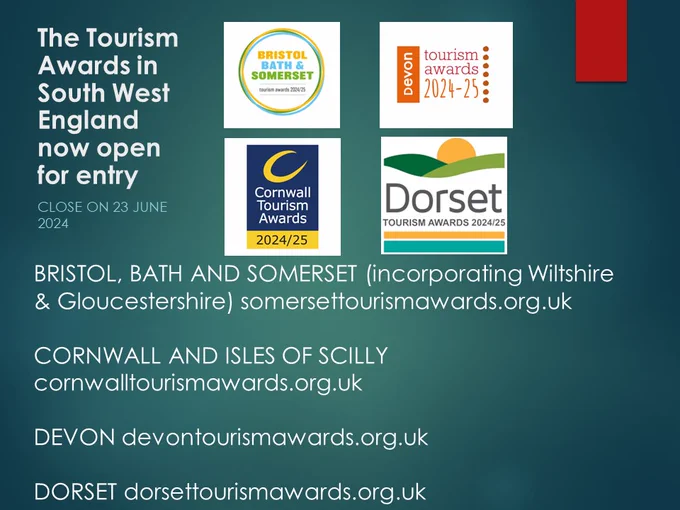 Tourism awards in south west england are now open for entry in #Devon, #Dorset, #Bristol, #Bath and #Somerset (incorporating #Wiltshire and #Gloucestershire) and #Cornwall and the Isles of Scilly 