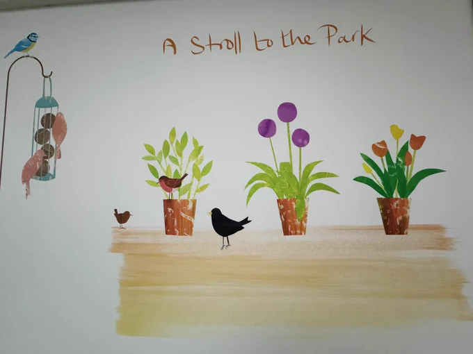 An abstract scene showing plants and flowers on a surface with a bird entitled ‘A stroll in the park’