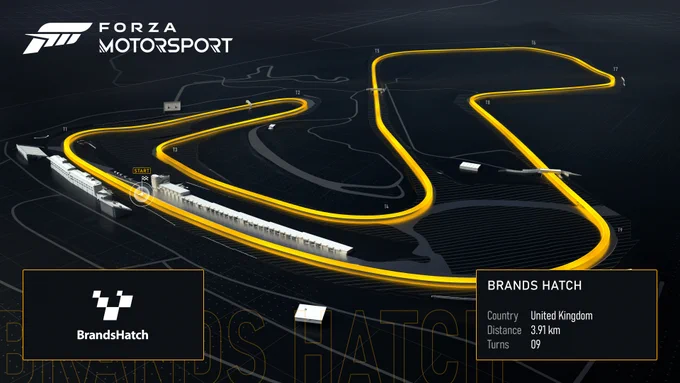 This graphic shows the layout of the Brands Hatch circuit with additional information in the lower right corner. The track is located in the United Kingdom, spans a distance of 3.91km, and has nine turns. The Forza Motorsport logo can be seen in the upper left corner.