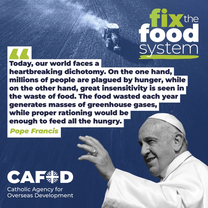 A photo showing Pope Francis with a quote of his.

"Today, our world faces a heartbreaking dichotomy. On the one hand, millions of people are plagued by hunger, while on the other hand, great insensitivity is seen in the waste of food. The food wasted each year generates masses of greenhouse gases, while proper rationing would be enough to feed all the hungry." 

Pope Francis. 