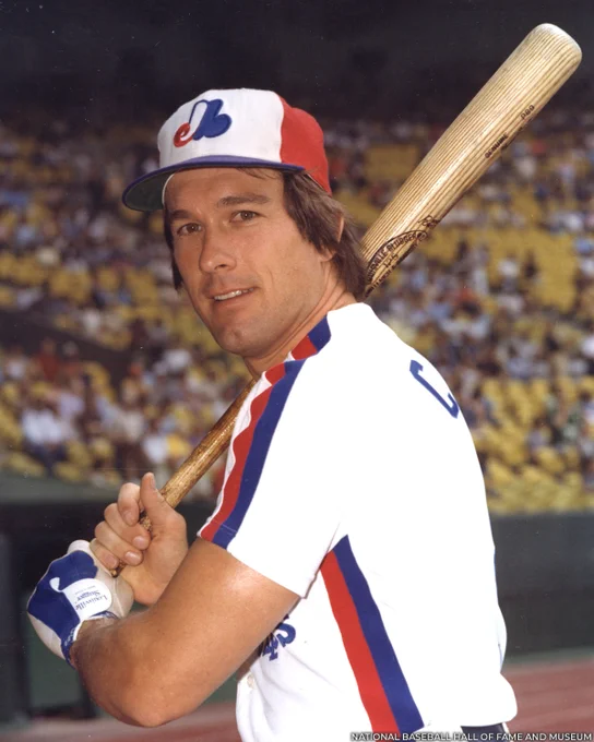 Posed portrait of Gary Carter in home Expos uniform in his right-handed batting stance. (National Baseball Hall of Fame and Museum)