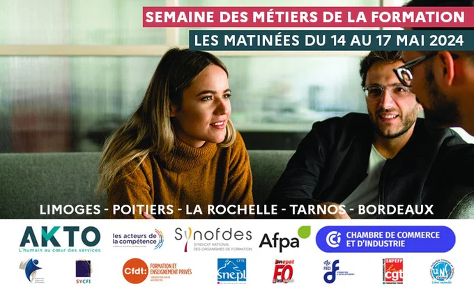 La photo présente 3 personnes en train de parler. Un titre indique : semaine des métiers de la formation : les matinées du 14 au 17 mai 2024 à Limoges, Poitiers, La Rochelle, Tarnos et Bordeaux. En bas de l'image, les logos des partenaires.