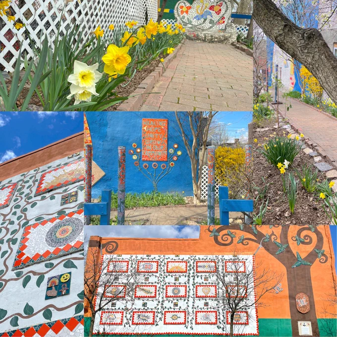 Five photos of vibrant community gardens with colorful mosaic-murals.