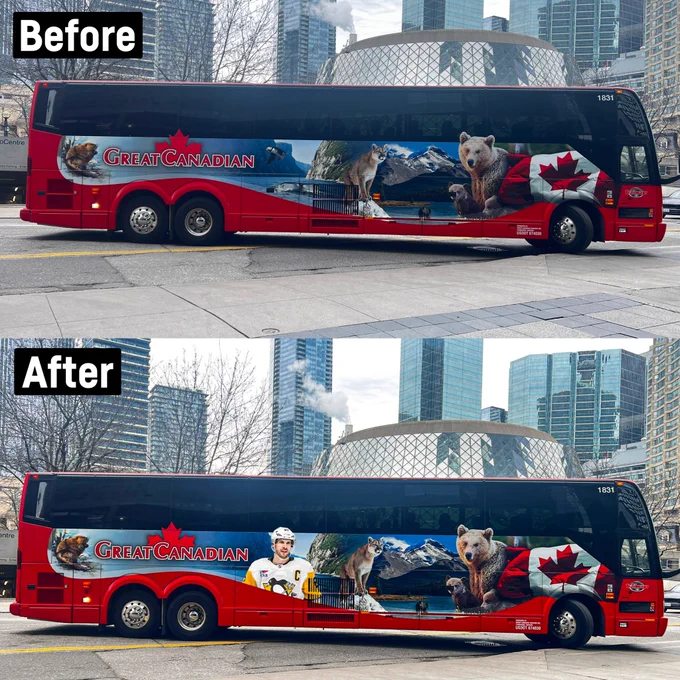 Team bus says “Great Canadian” and has mountains, bears, and the Canadian flag. Photo on top is the original and is labeled “before”. The photo on the bottom is labeled “after” and has Sidney Crosby added.