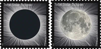 Left: Square postage stamp with the moon appearing as a large black circle with an illuminated background. Text reads: Total Solar Eclipse

Right: Square postage stamp with a bright grey full moon over an illuminated background. Text reads: Total Solar Eclipse