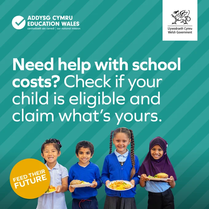 The image shows 4 primary school children with school meals. 
The text reads “Need help with school costs? Check if your child is eligible and claim what’s yours.”
