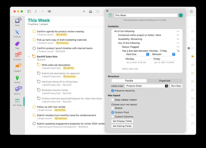 Screenshot of one of the new perspective rules in OmniFocus 4.2, which enables filtering based on the value of a specific date field (in this case, Date Due) being within a date range (specified using natural language dates which are automatically reevaluated relative to the current day/time).