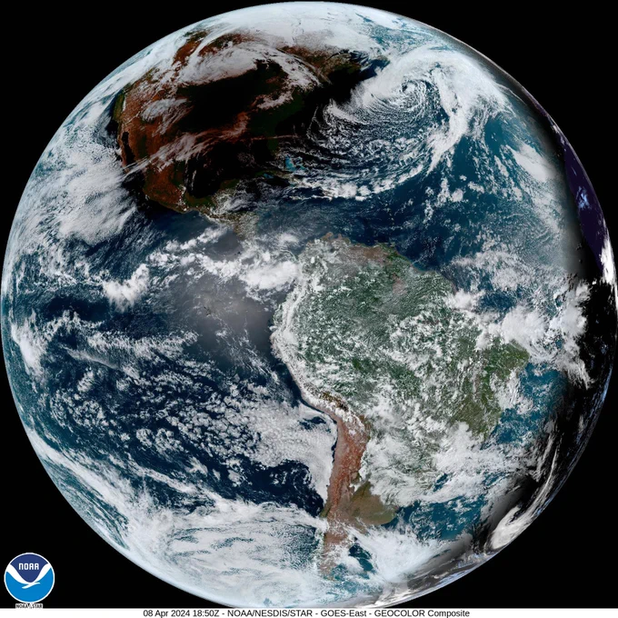 Planet earth in GeoColor - True Color daytime, multispectral IR at night - 08 Apr 2024 - 1850 UTC
