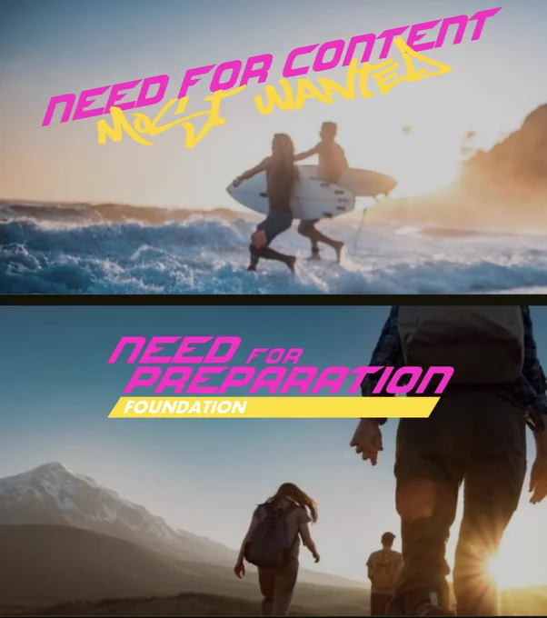 Two slides showing the summary slogans "Need for Content – Most Wanted" and "Need for Preparation – Foundation" in a design that mimics "Need for Speed" racing game series.